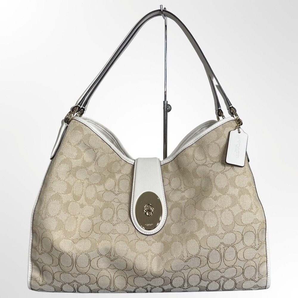 Coach Carlyle Shoulder Bag Signature Jacquard Leather Chalk White Purse 56221